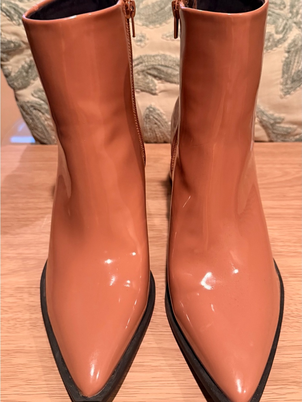 BP Tan Brown Patent Pointed Toe Block Heel Ankle Booties